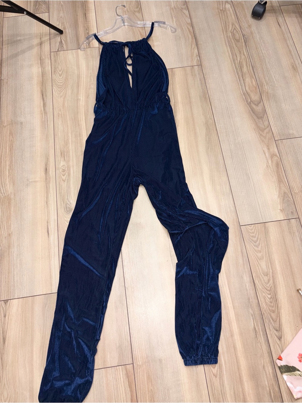 Royal Blue Plissé Metallic Shimmer Halter Jumpsuit High Slit Leg Jogger M